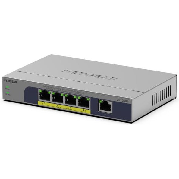 NETGEAR GS105PP Non-géré Gigabit Ethernet (10/100/1000) Connexion Ethernet, supportant l'alimentation via ce port (PoE) Montage sur le bureau ou sur le mur Gris