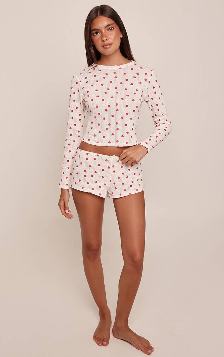 Blanc Short De Pyjama Mini Ajusté En Pointelle Motif Fraises