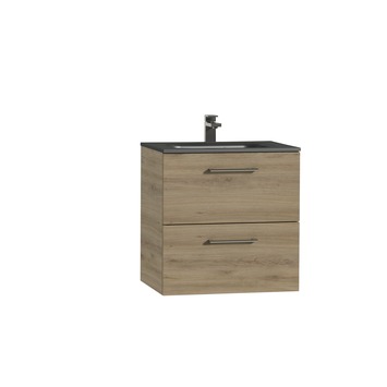 Tiger Studio badkamermeubel 60 cm chalet eiken met wastafel polybeton mat zwart greep rvs afgerond