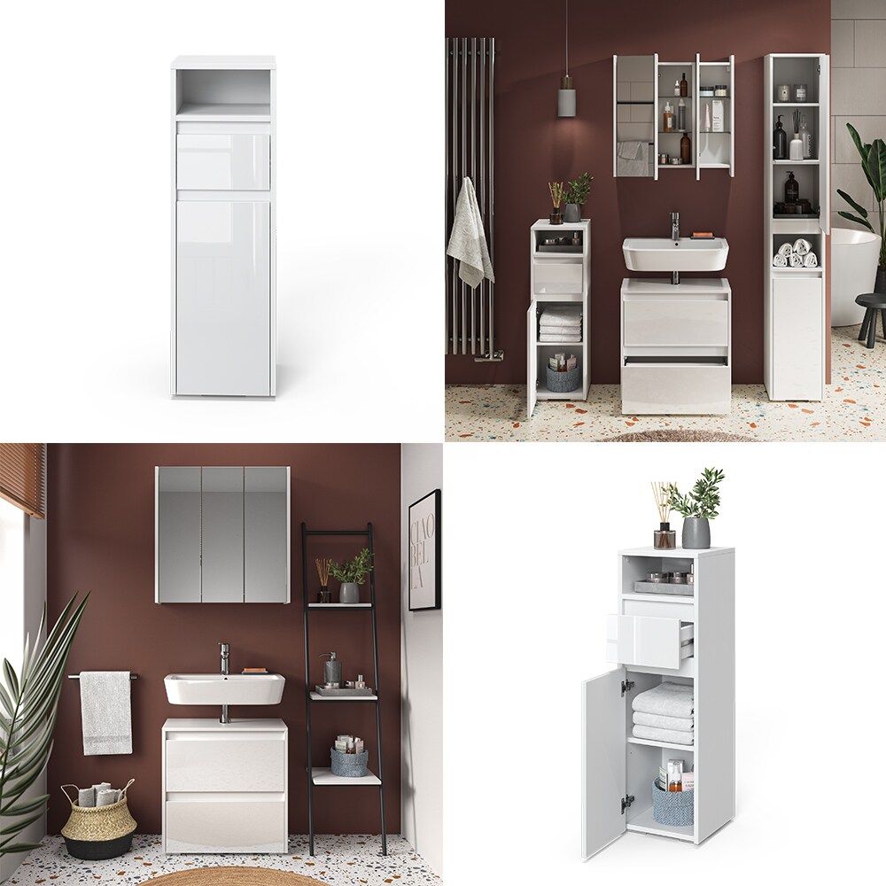 Vicco Midischrank Badschrank Badezimmermöbel Majest Weiß Hochglanz modern 30x96 cm Badezimmer Schrank Badkommode Badmöbel Fach Tür Schublade