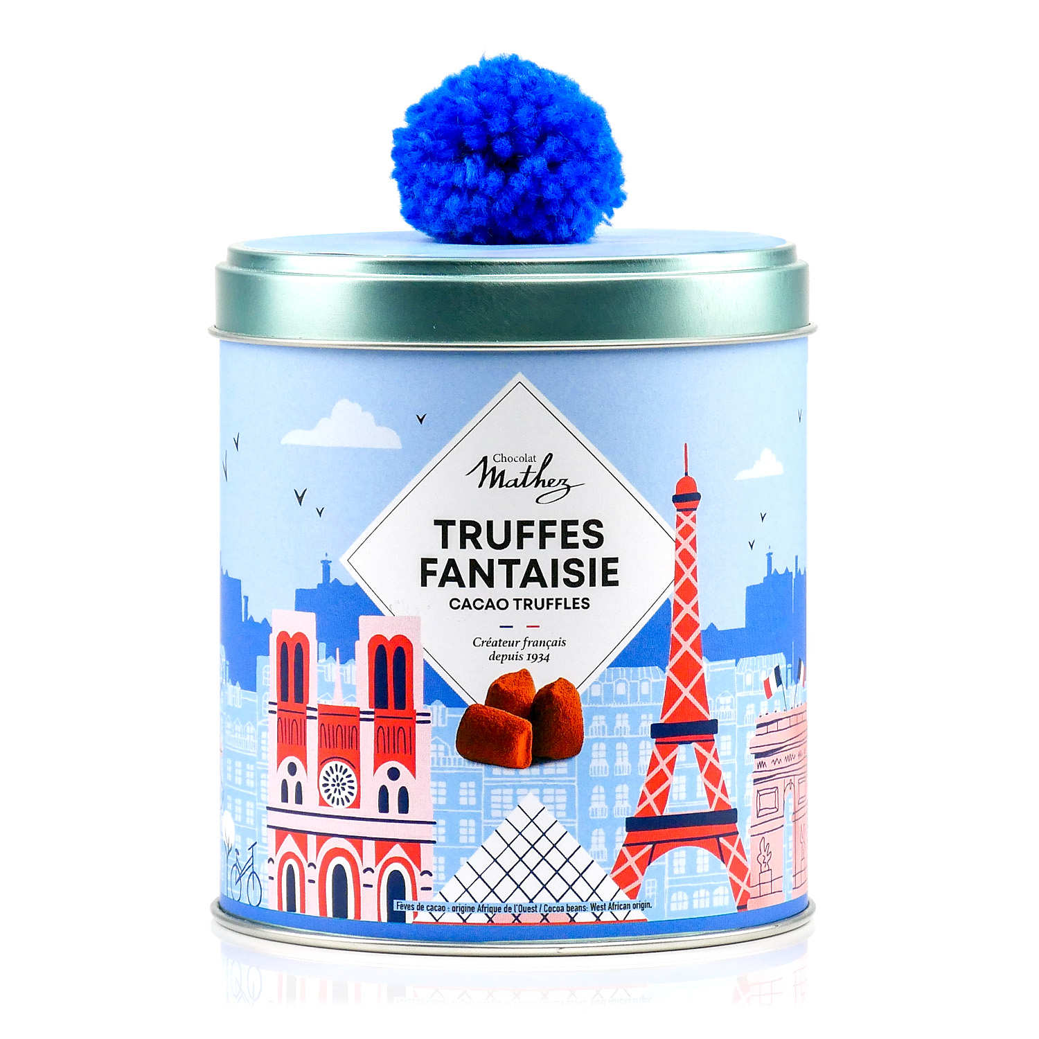 Truffes fantaisie aux éclats de crêpes croustillantes en boite fer à pompon bleu Paris