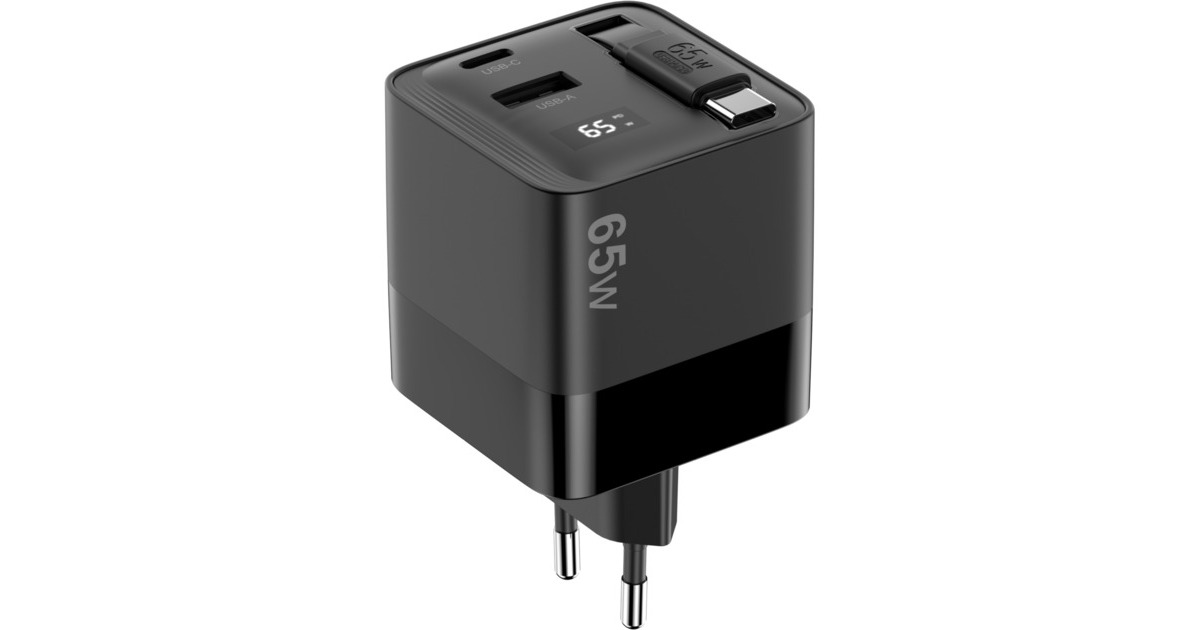 Sitecom65W GaN Power Delivery wandoplader met uittrekbare kabel  (Zwart)