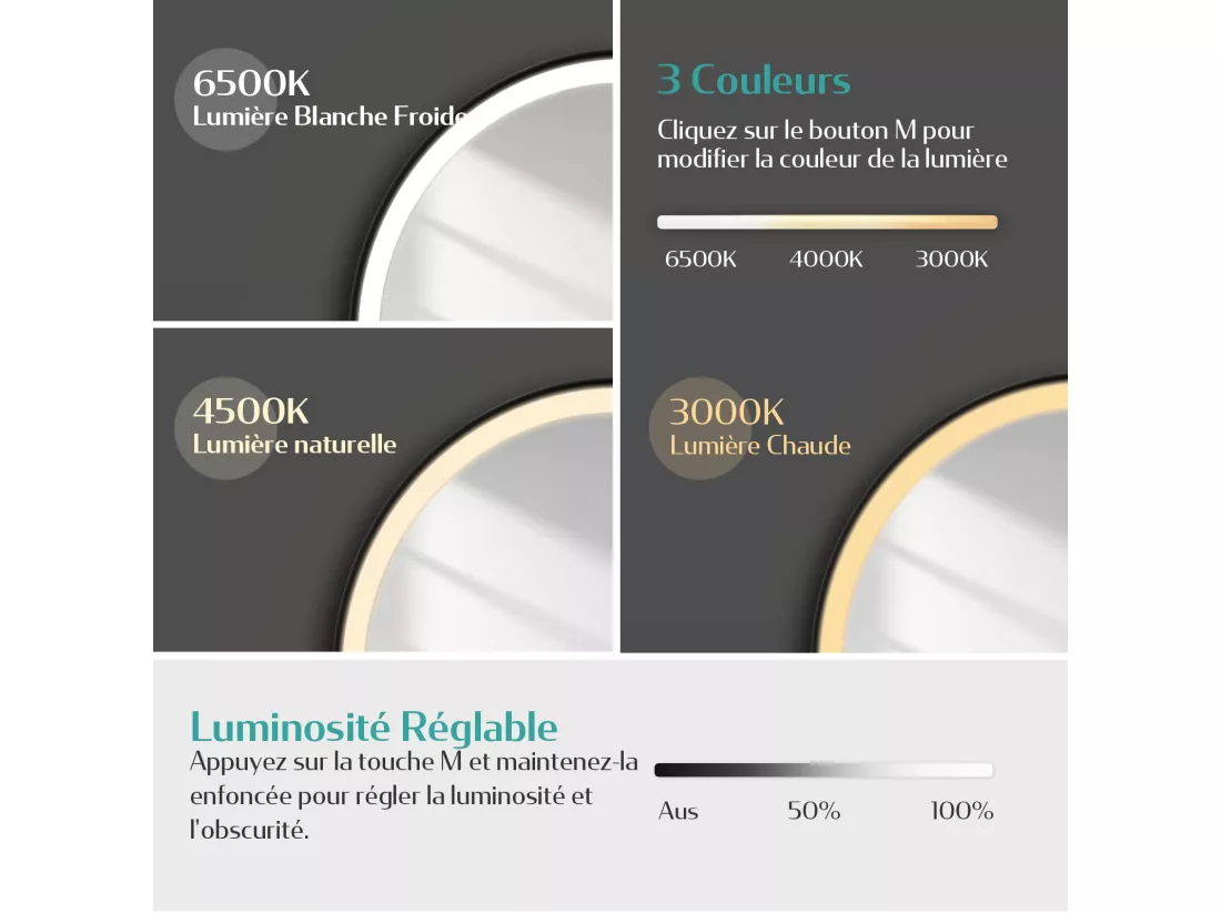 EMKE Miroir lumineux salle de bain rond diamètre 50cm cadre noir, Sangle réglable, Miroir LED, Interrupteur Tactile, Anti-buée, 3 couleurs Lumières