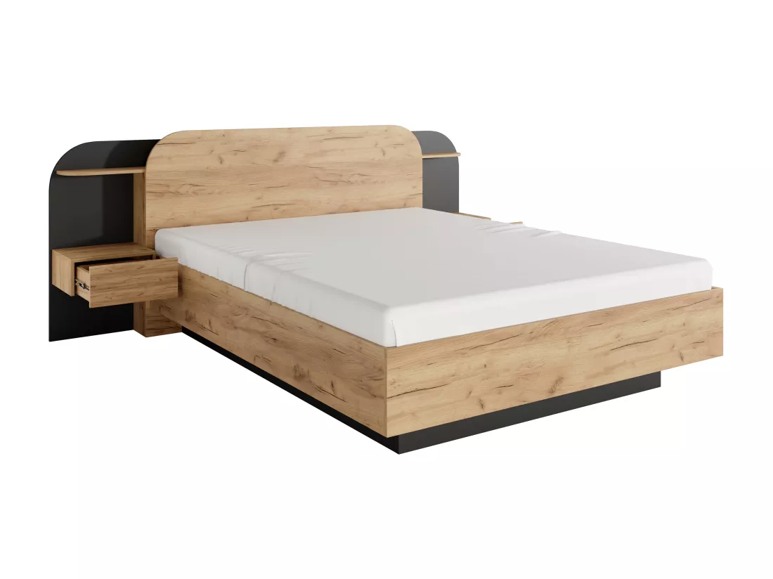 Lit avec chevets 160 x 200 cm - Avec LEDs - Coloris : Naturel et noir + Sommier - JUVISIA