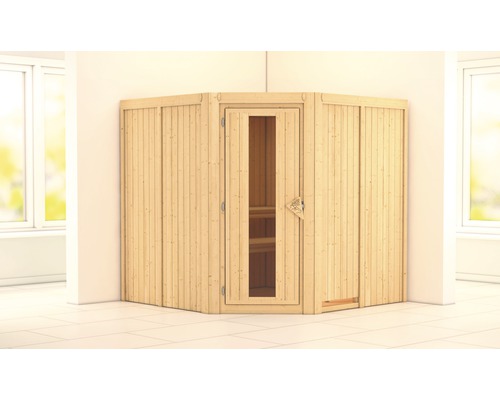 Karibu Jarina modulaire sauna zonder oven en dakrand, met houten deur en geïsoleerd glas.