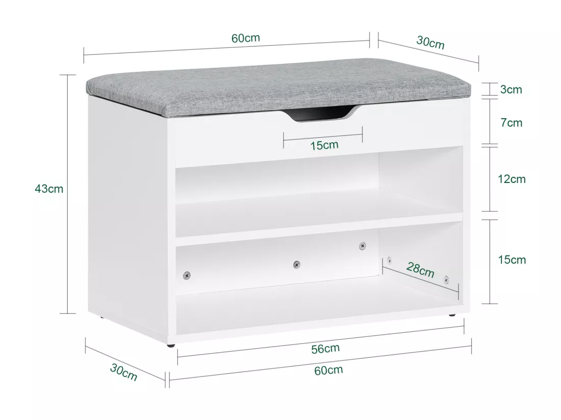 Banc de Rangement à chaussures 2 étages avec Grise coussin Commode à Chaussures blanc, FSR25-HG