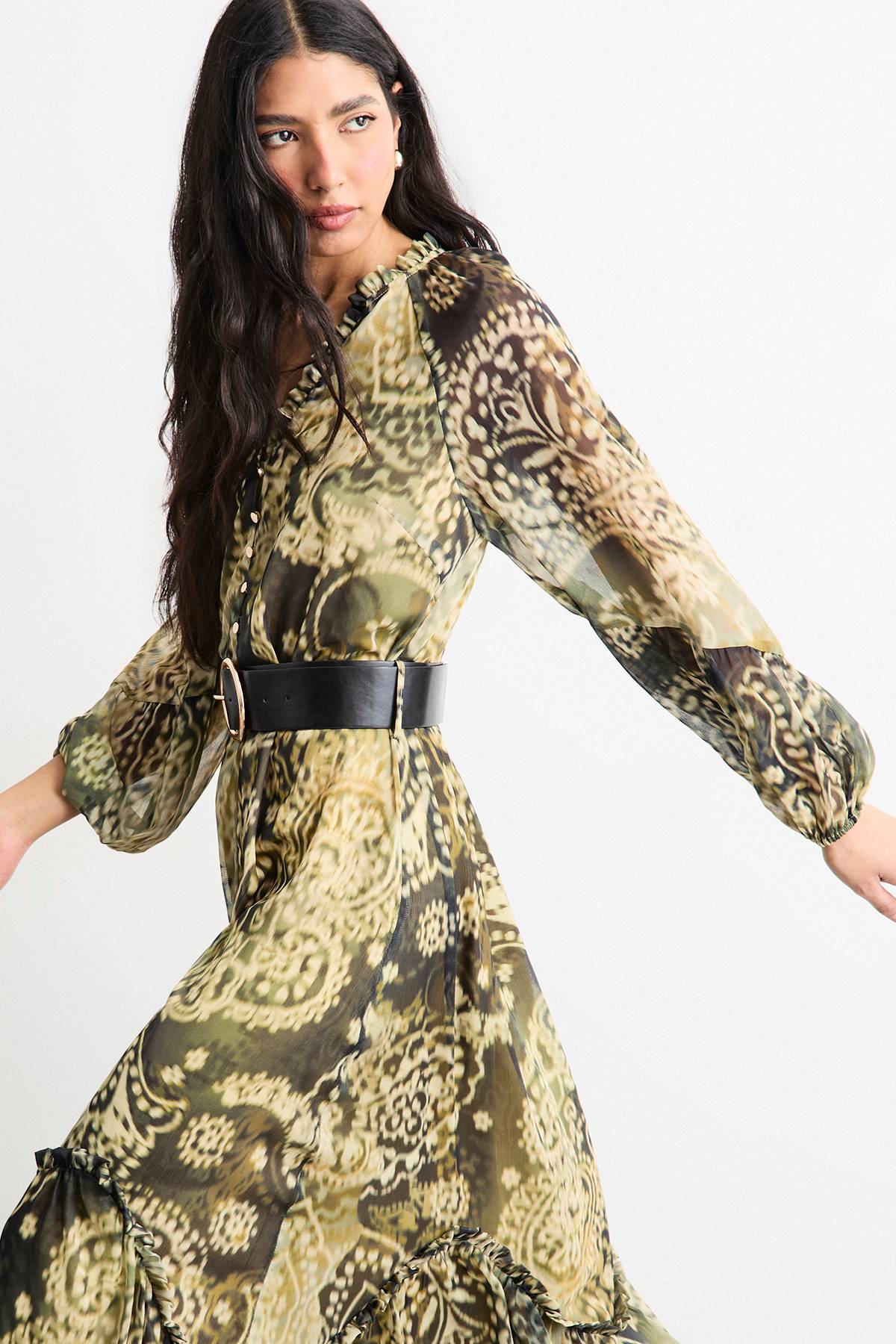 Warehouse Robe Longue Imprimée À Volants Avec Ceinture