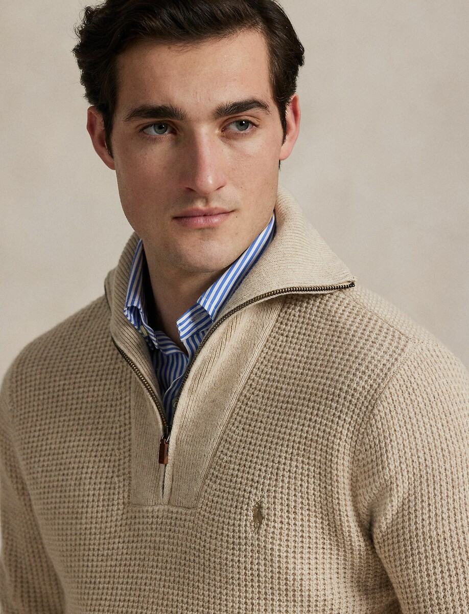POLO RALPH LAUREN<br>Suéter com gola trucker e zíper frontal de 1/2, algodão/lã