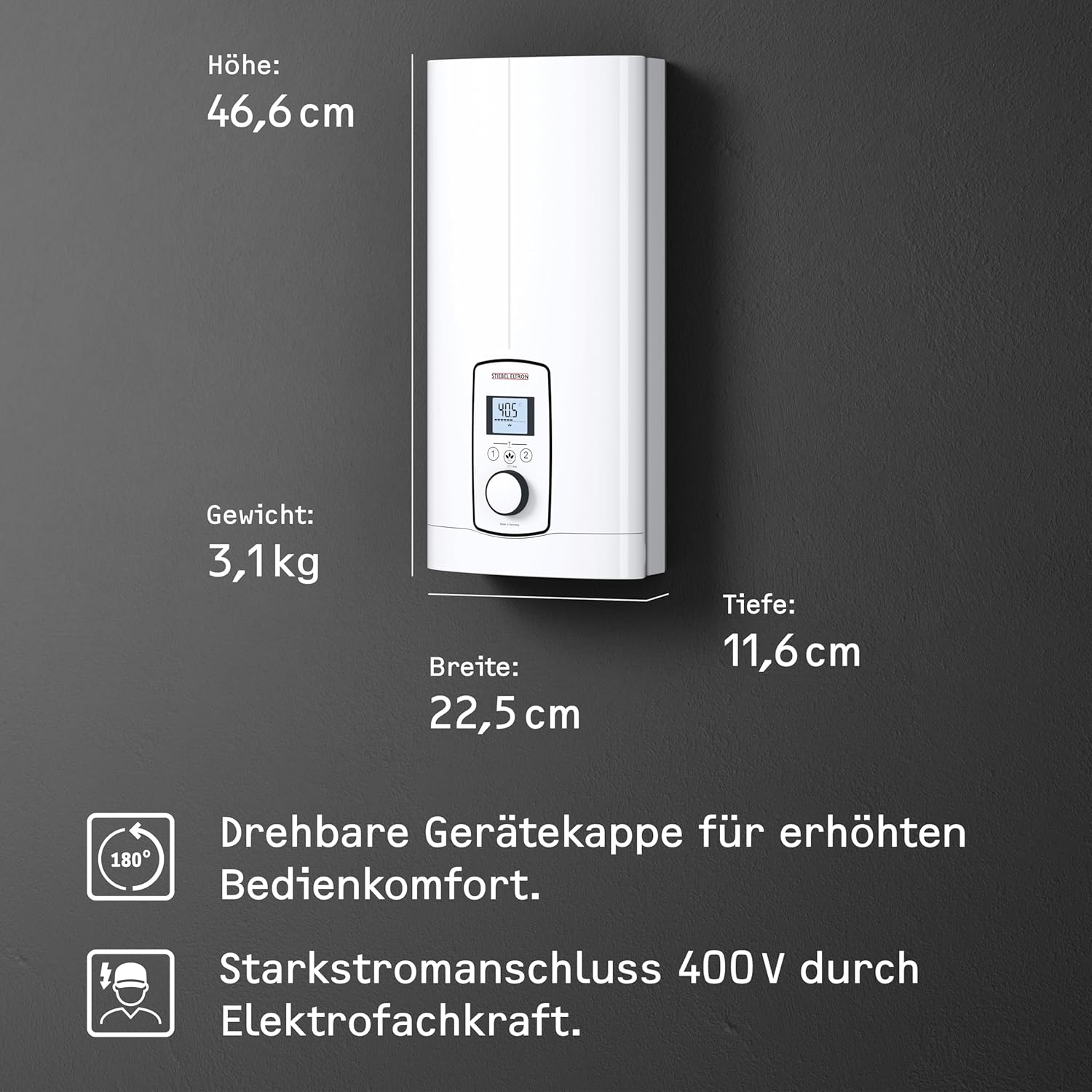 STIEBEL ELTRON Elektronischer Durchlauferhitzer DEL 18/21/24 Plus, gradgenaue Wunschtemperatur, LCD Display, ECO-Modus, 236739
