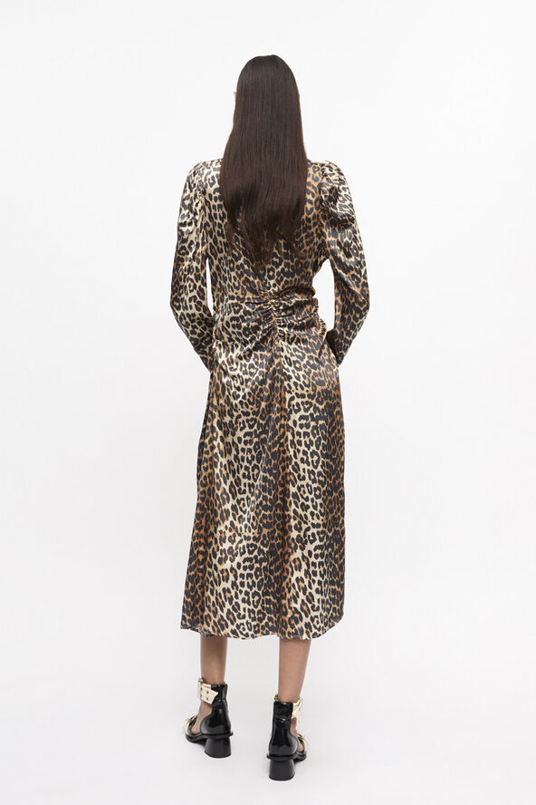 Ganni Printed Satin Ruched Midi Dress Leopard