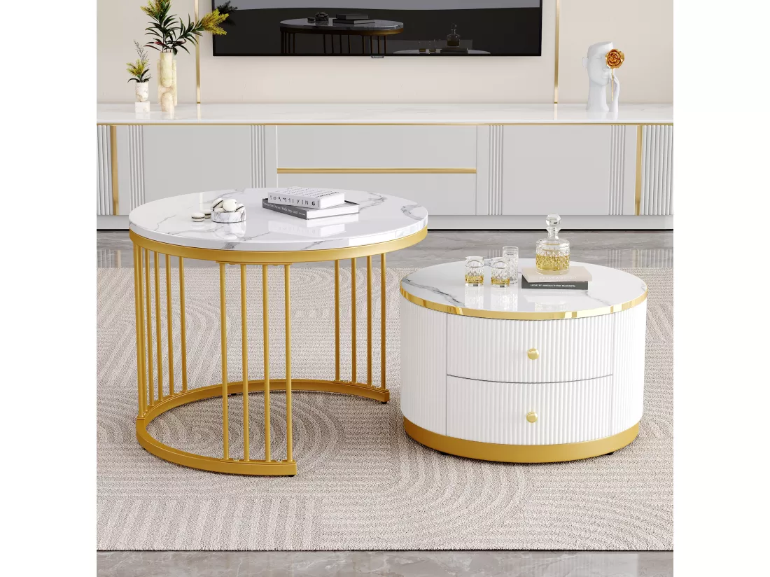 Lot de 2 tables basses gigognes avec 2 tiroirs - 60 x 60 x 45.5 cm + 50 x 50 x 32 cm - Aspect marbre brillant - MDF - Or et blanc