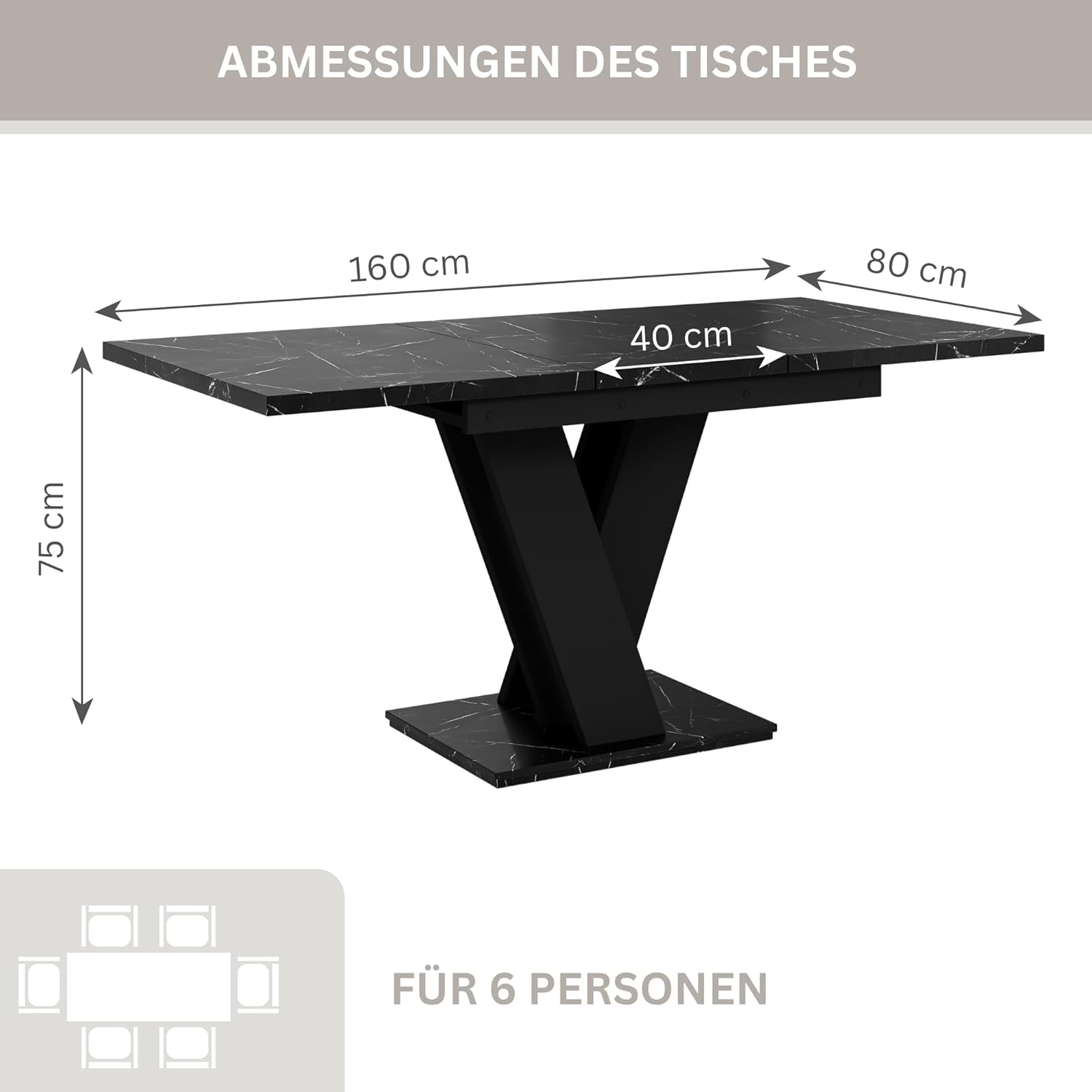Esstisch Ausziehbar Schwarz Malvi – Moderner Küchentisch 120-160 cm für 4–6 Personen | Einfache Montage | Ideal für Esszimmer & Küche | Dining Table