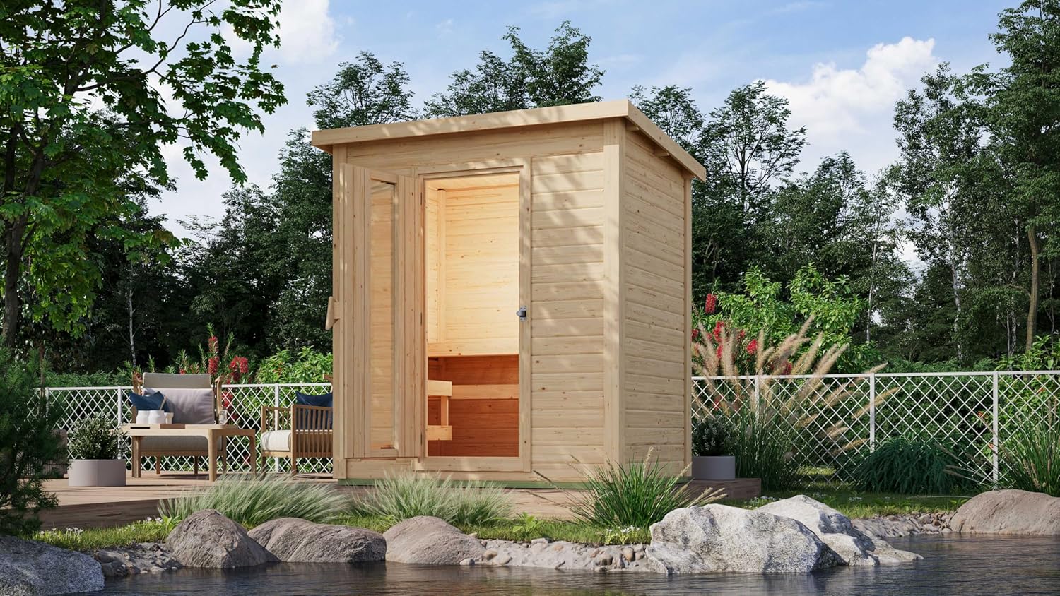 Karibu Saunahaus MELO 38 mm naturbelassen Außensauna Gartensauna versch. Ausführungen (MELO 1)
