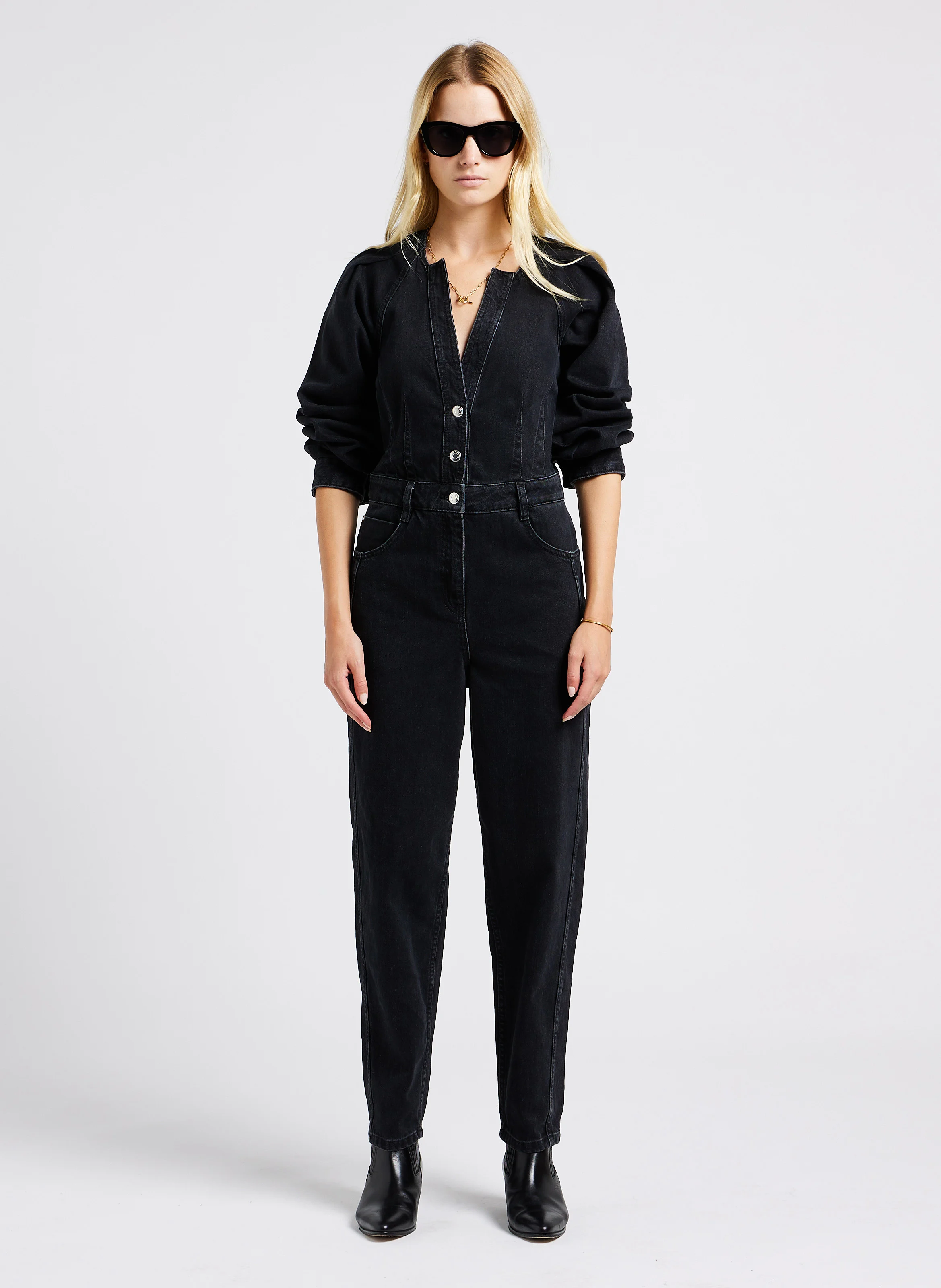 TIASE - Combinaison col tunisien en denim | Noir
