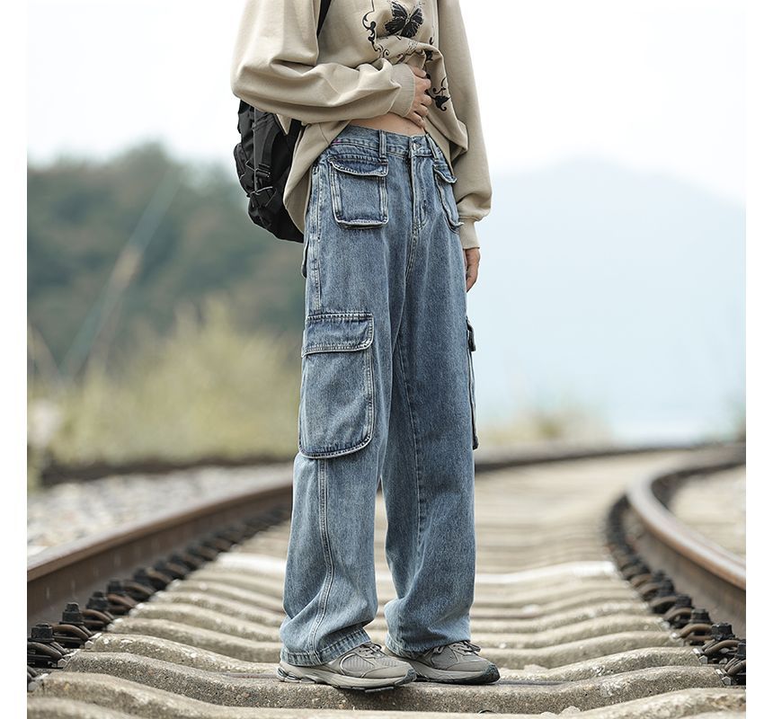 Plummie - Mid Rise Washed Wide Leg Cargo Jeans