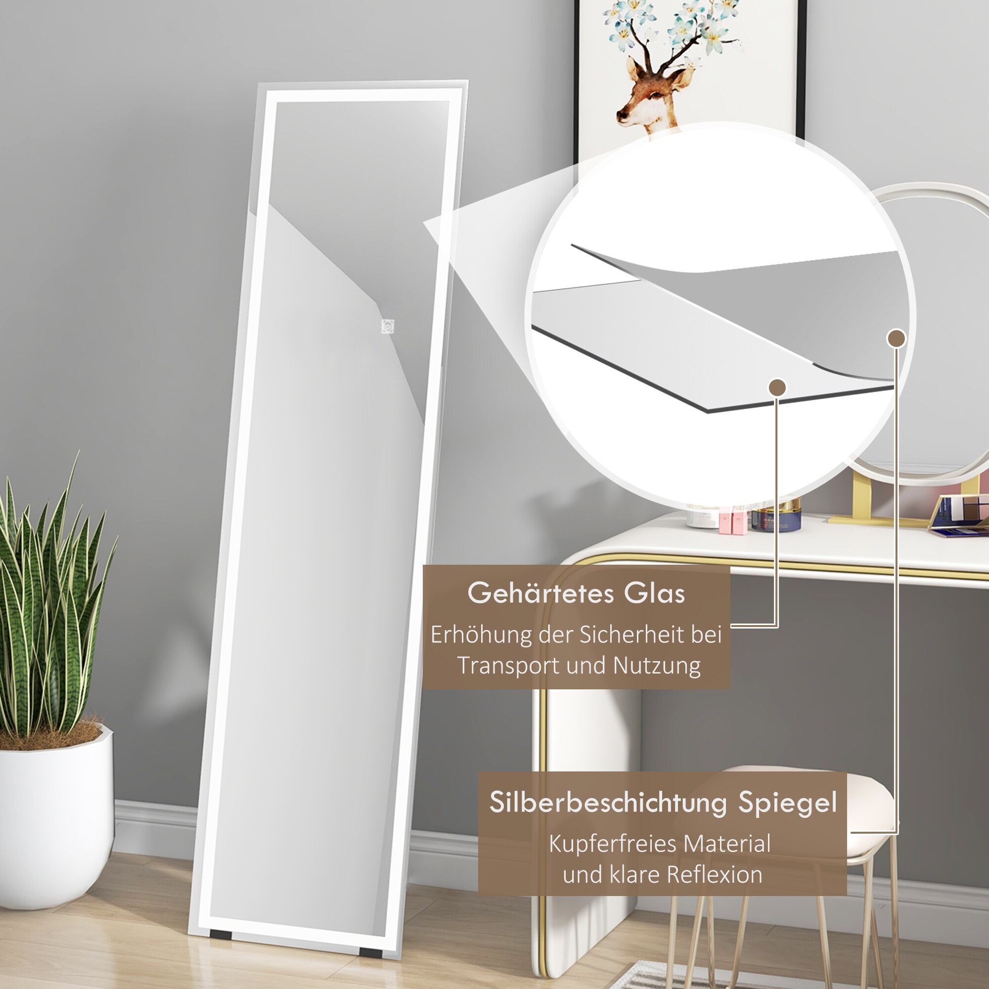 HOMCOM Ganzkörperspiegel mit Beleuchtung weiß 150L x 40B x 2,9H cm