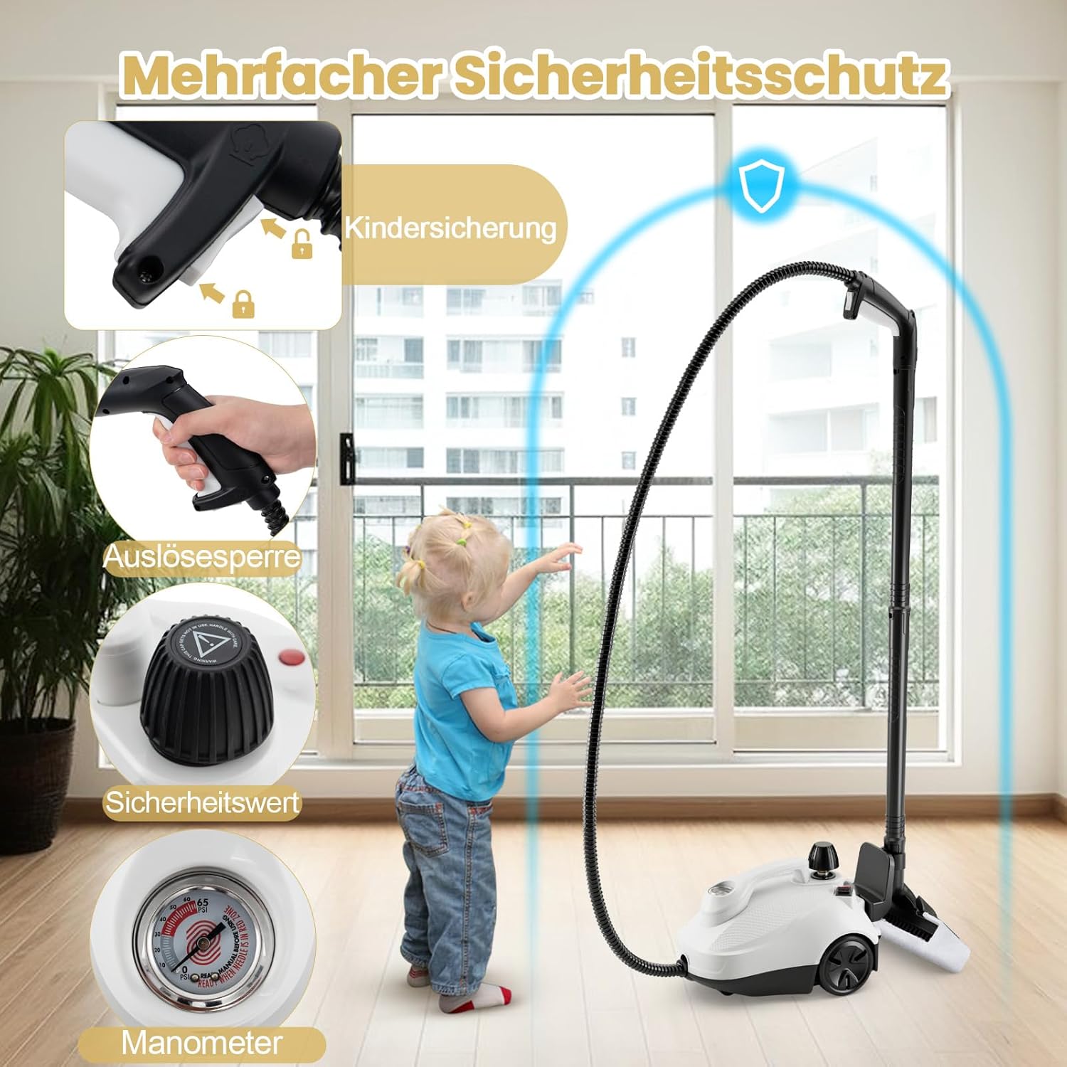 COSTWAY Dampfreiniger 2000W, Dampfdruck: 5 bar, Tank: 1,8L, Temperatur: bis zu 160℃, Bodenreiniger mit 29 Zubehörteilen & Rollen, Dampfgeräte inkl. 5m Netzkabel (Weiß)