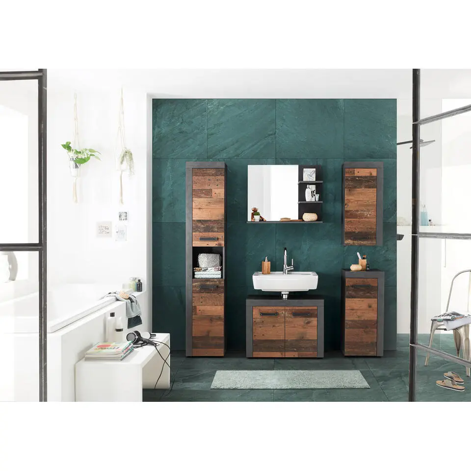 Hioshop CancunIndy kolomkast 2 deuren- 1 open vak eiken decor- oud houten