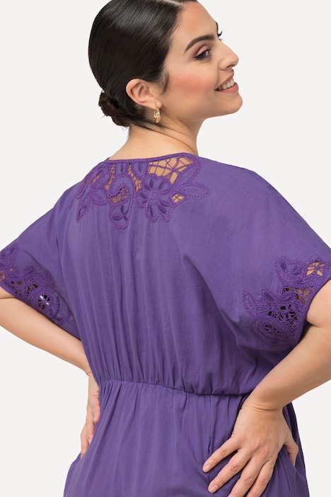 Kleid, Stickerei, Oversized, V-Ausschnitt, Halbarm