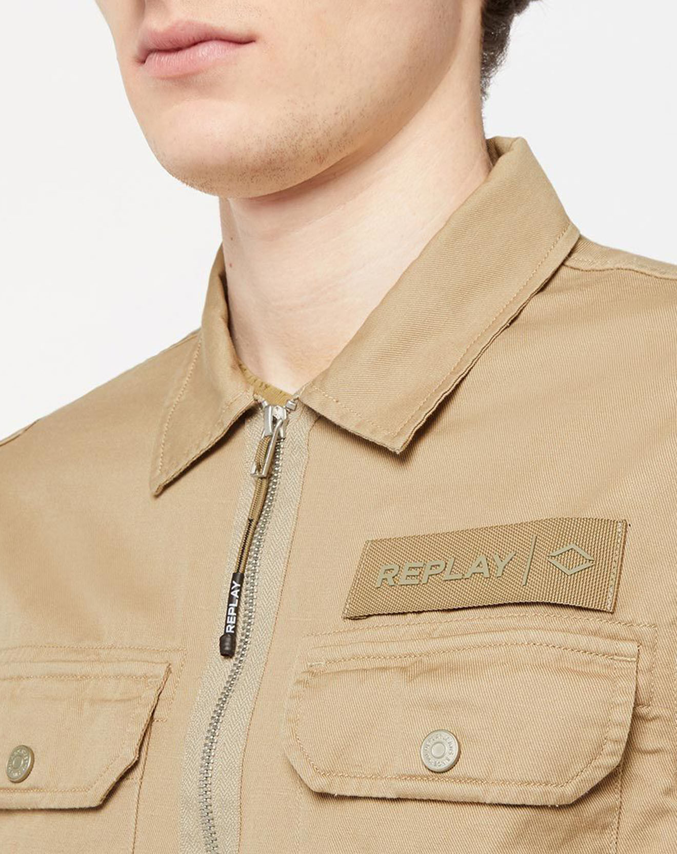 Replay Veste en Coton & Lin Military Patch beige