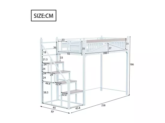 Lit mezzanine en métal 90x200 blanc avec barrière de sécurité design fenêtre échelle de rangement interchangeable gauche droite lit simple compact gain de place
