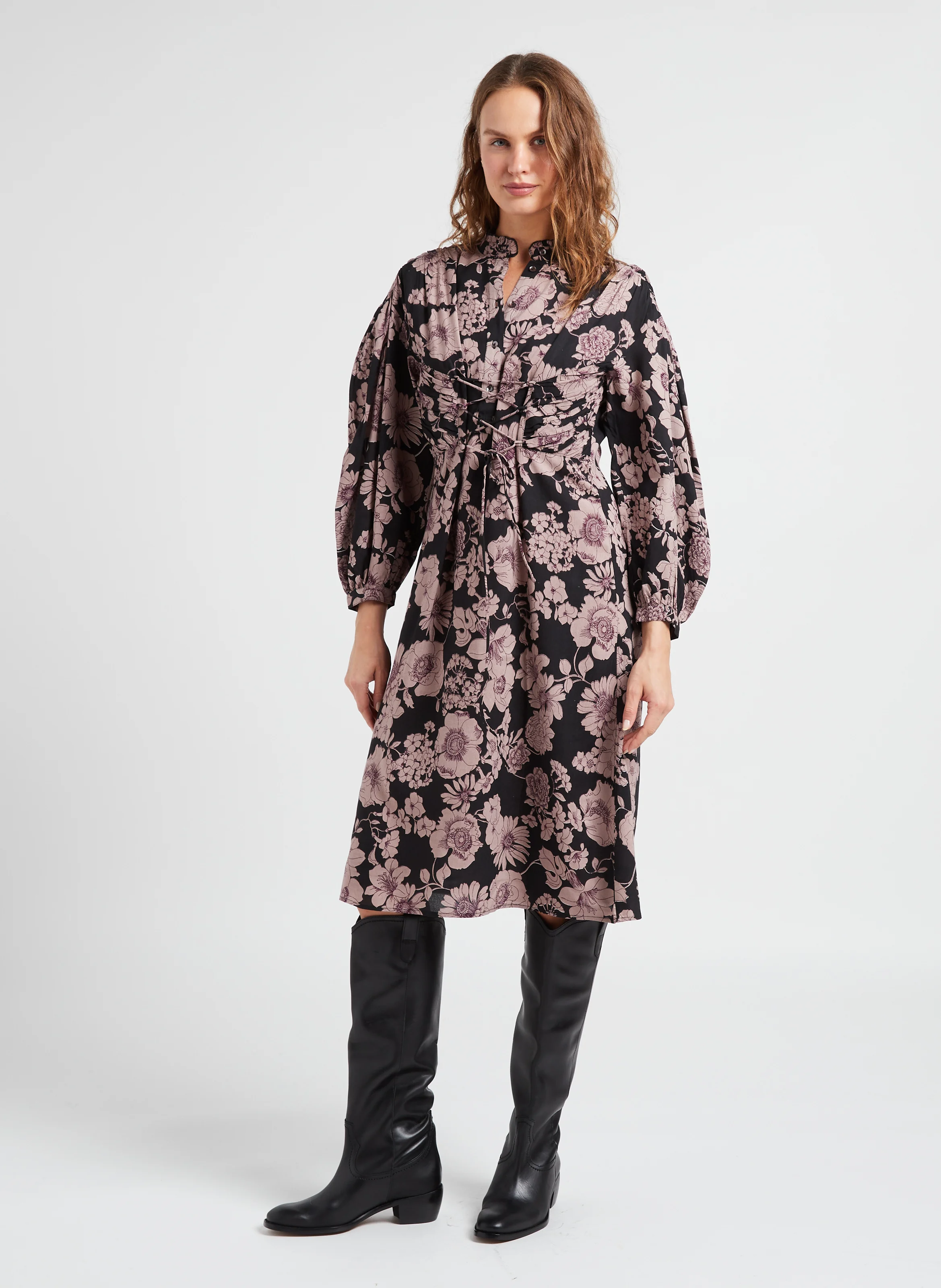 LEONIE - Robe mi-longue col rond à imprimé floral | Noir