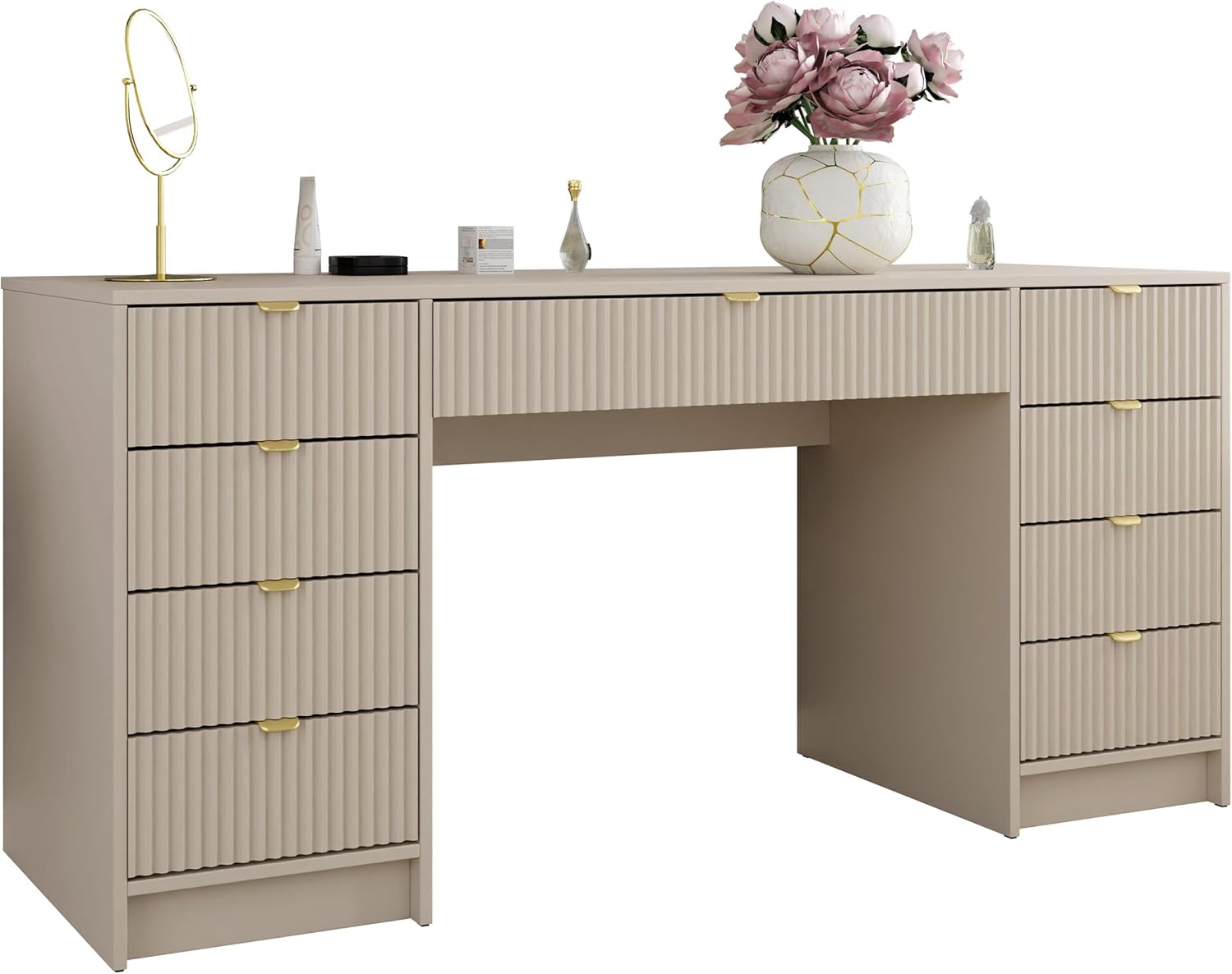 Mirjan24 Schreibtisch Tireno Bis, 9 Schubladen geriffelte Fronten Schülerschreibtisch Computertisch Kinderschreibtisch Arbeitstisch PC-Tisch Jugendzimmer Kinderzimmer (Sandbeige)