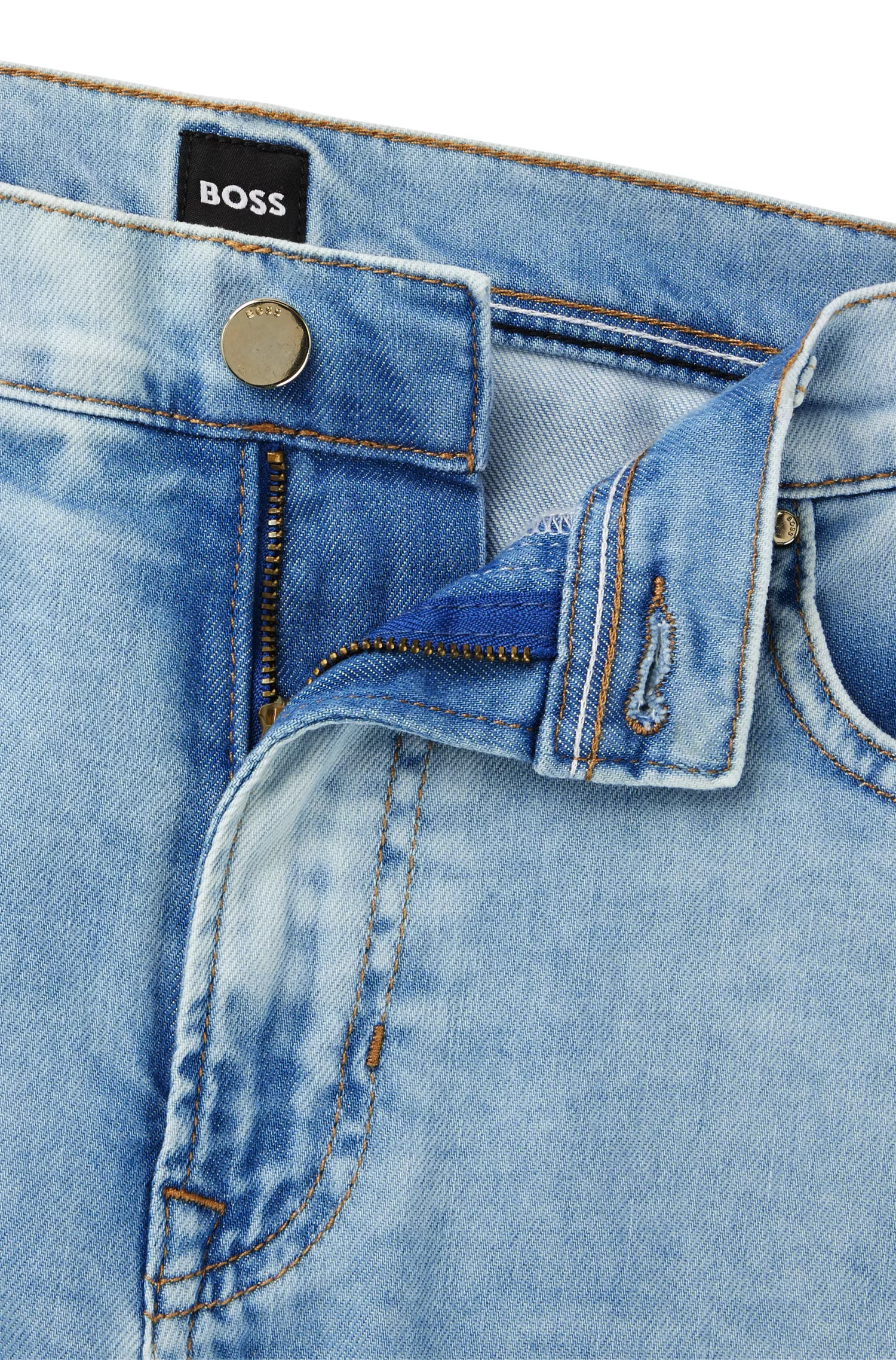 Calça jeans BOSS preta, corte regular, cintura alta, em denim azul.