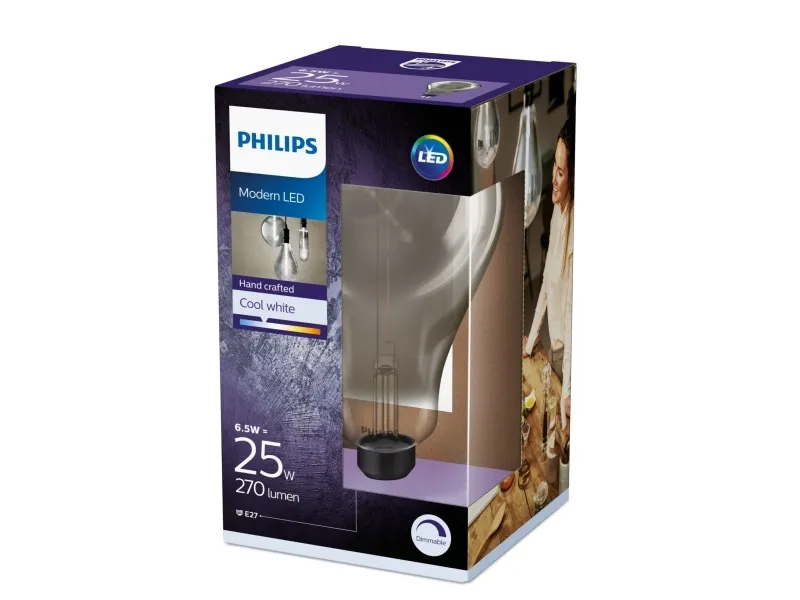 Philips Deco - LED-lyspære - form: A160 - E27 - 6.5 W (tilsvarende 25 W) - klasse A - køligt hvidt lys - 4000 K - røget