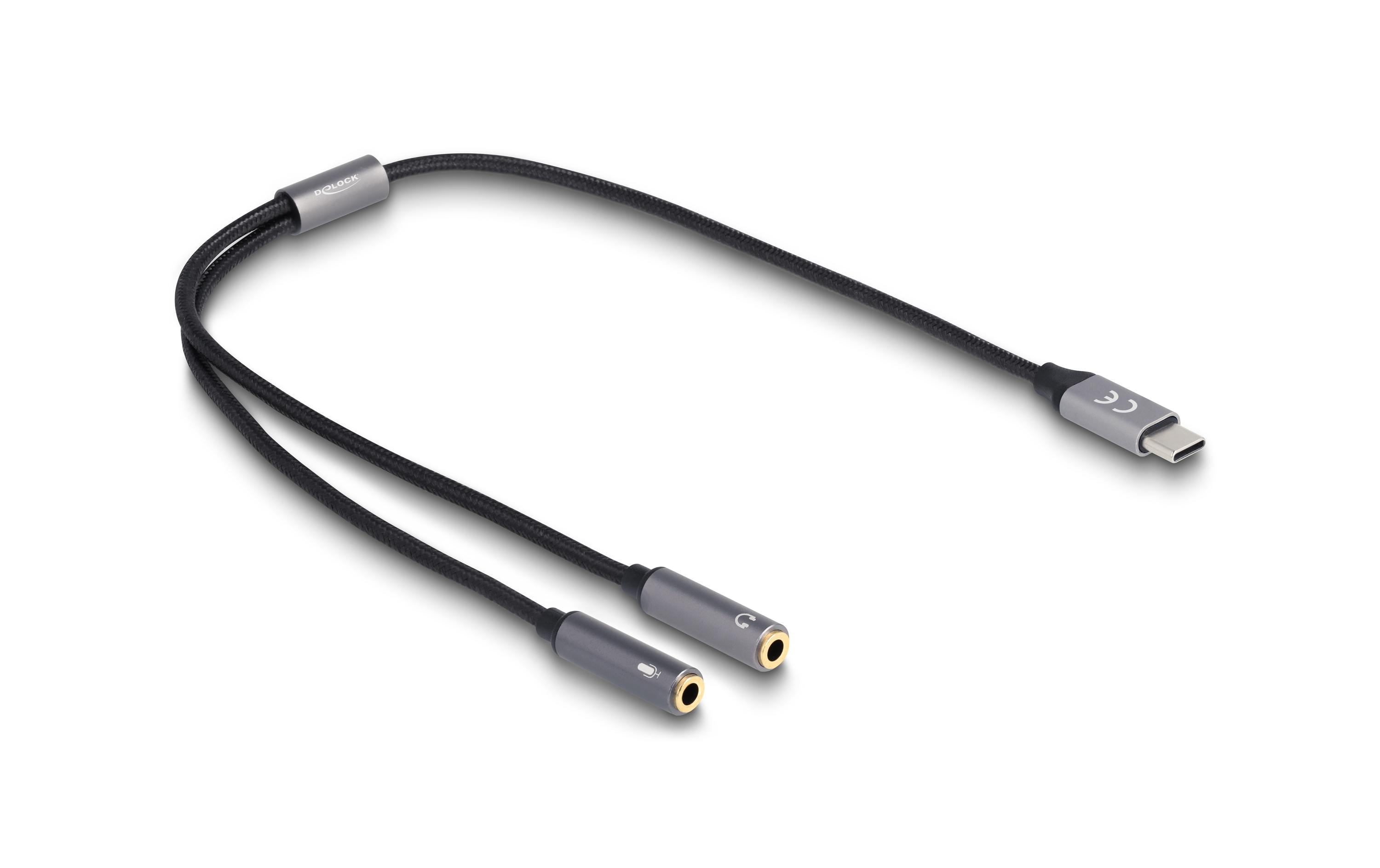 Headset DAC 24 Bit / 96 kHz USB-C - 3.5 mm KlinkeDelock Headset Adapter USB Type-C Stecker DAC 24 Bit / 96 kHz Hi-Res zu 2 x 3.5 mm 3 Pin Klinkenbuchse