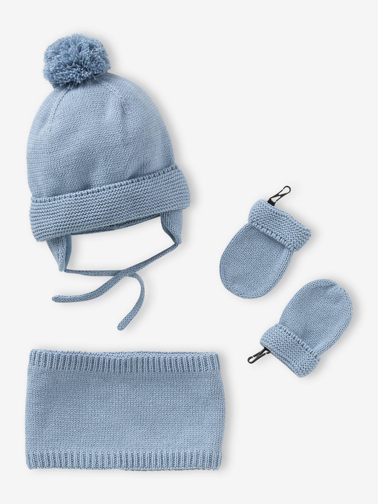 Conjunto para bebê menino: gorro + cachecol tubular + luvas
