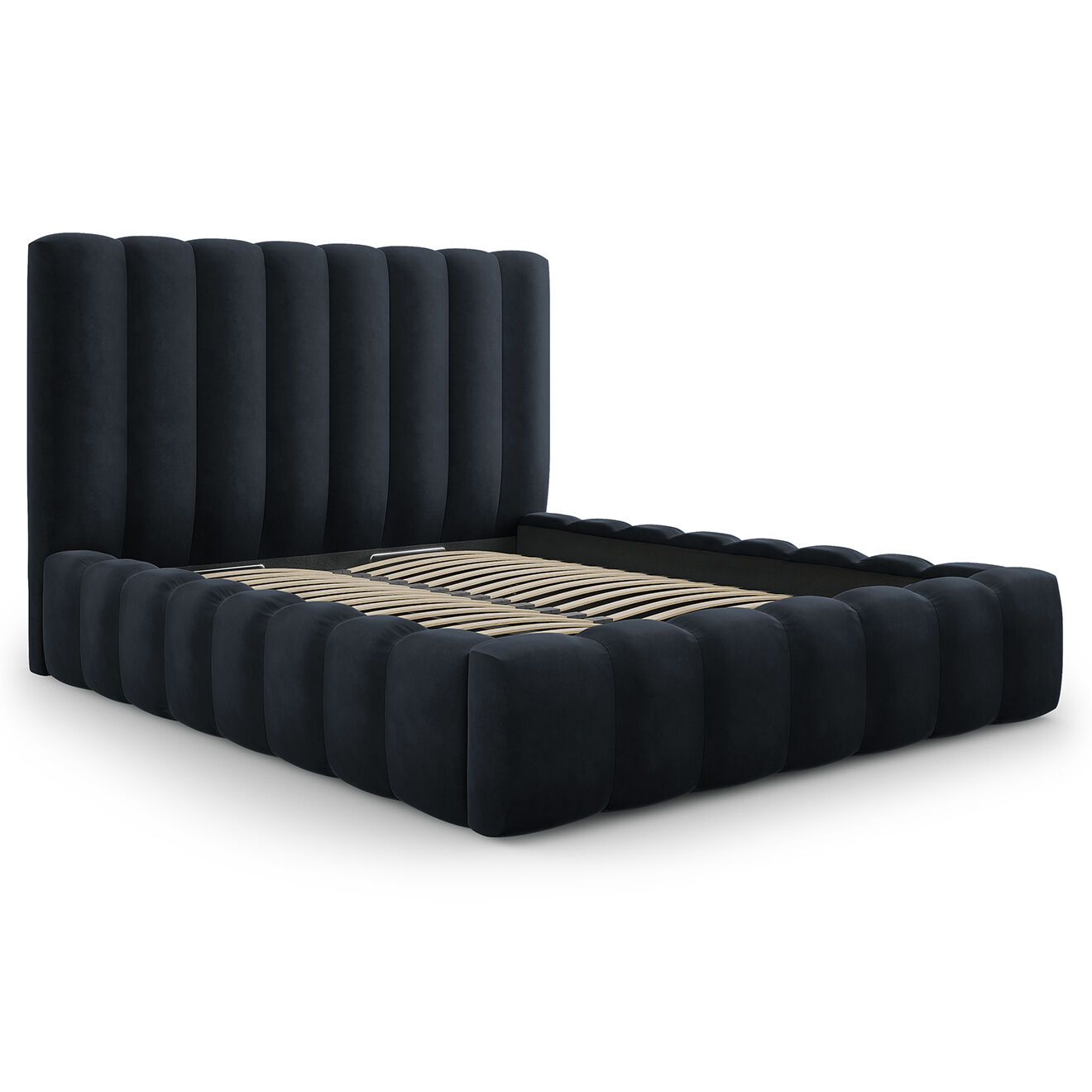 Milo Casa Lit Coffre en Velours avec Tête de Lit Gina bleu foncé - 200x200 cm