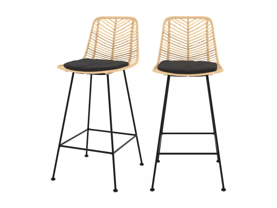 Lot de 2 chaises pour îlot central 66 cm en rotin naturel et noir - Tamara