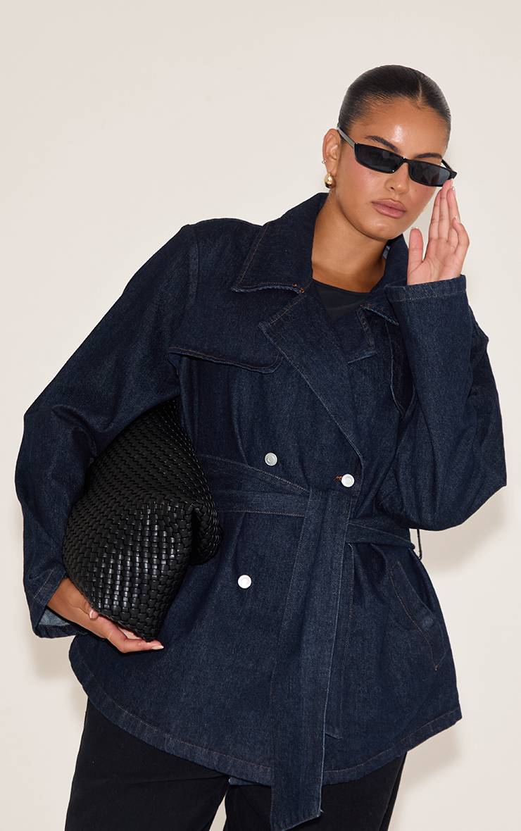 Bleu Indigo Trench En Denim Ceinturé Court Grande Taille