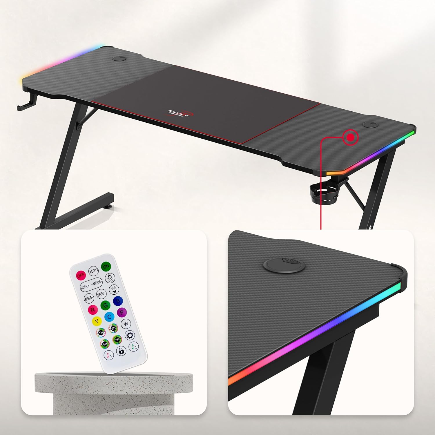 huzaro Hero 4.8 RGB | LED Gaming PC Tisch XXL Schreibtisch | Inklusive Mauspad | Kopfhörerhaken Getränkehalter | Kabelorganisator | Carbon Tischplatte | Stabiler Computertisch | 160x60cm | Schwarz