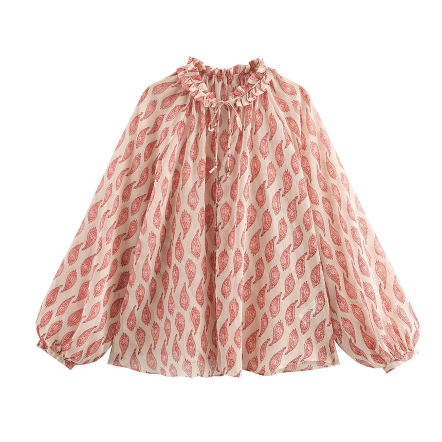 Avauntgardo - Blouse met lange mouwen, opstaande kraag, paisleyprint, volant en strik aan de voorkant