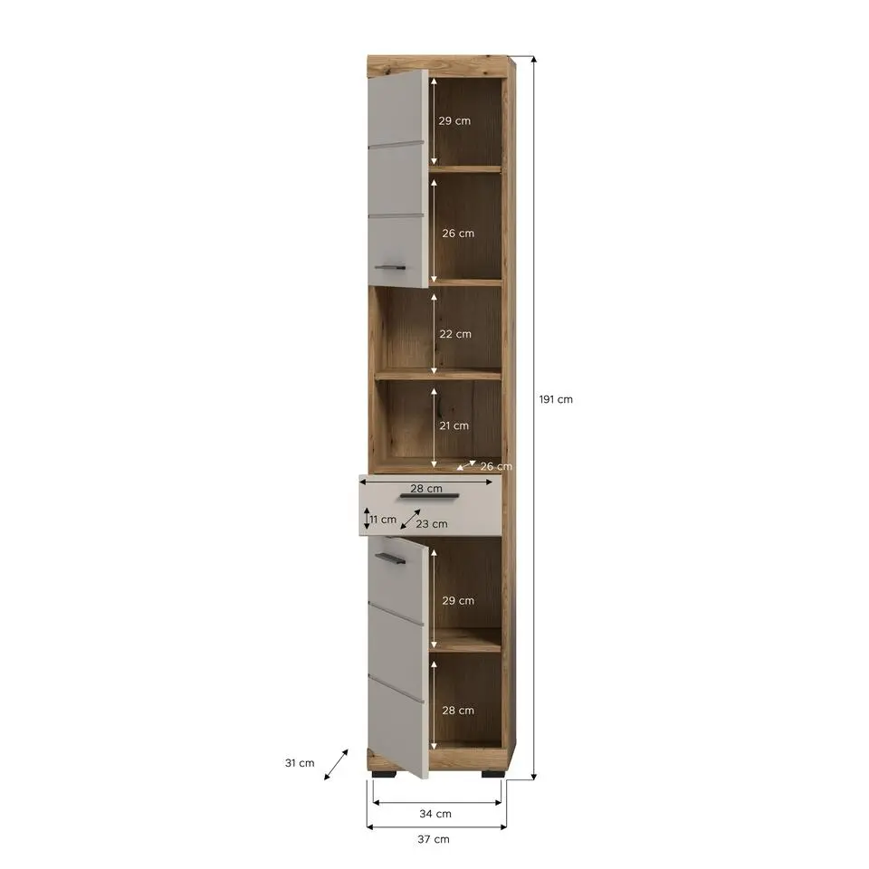 Hioshop Scout kolomkast 2 deuren- 1 lade- 2 planken kasjmier decor mat- eiken