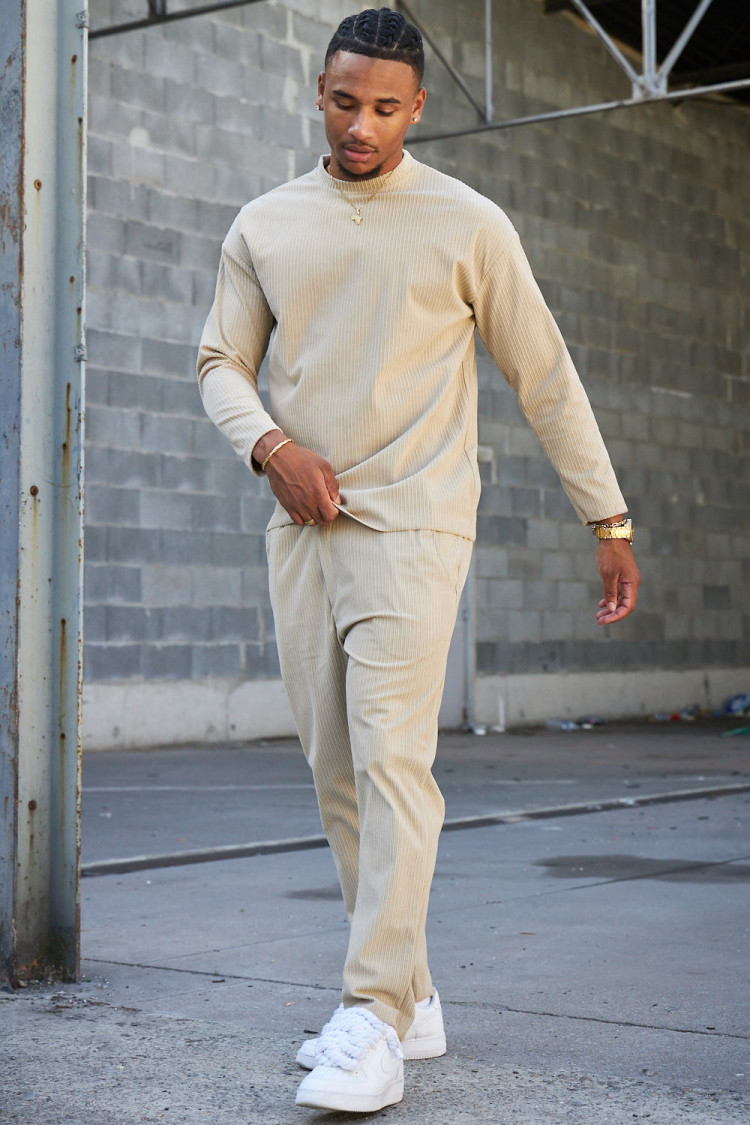Ensemble 2 pièces pull + pantalon en velours côtelé beige