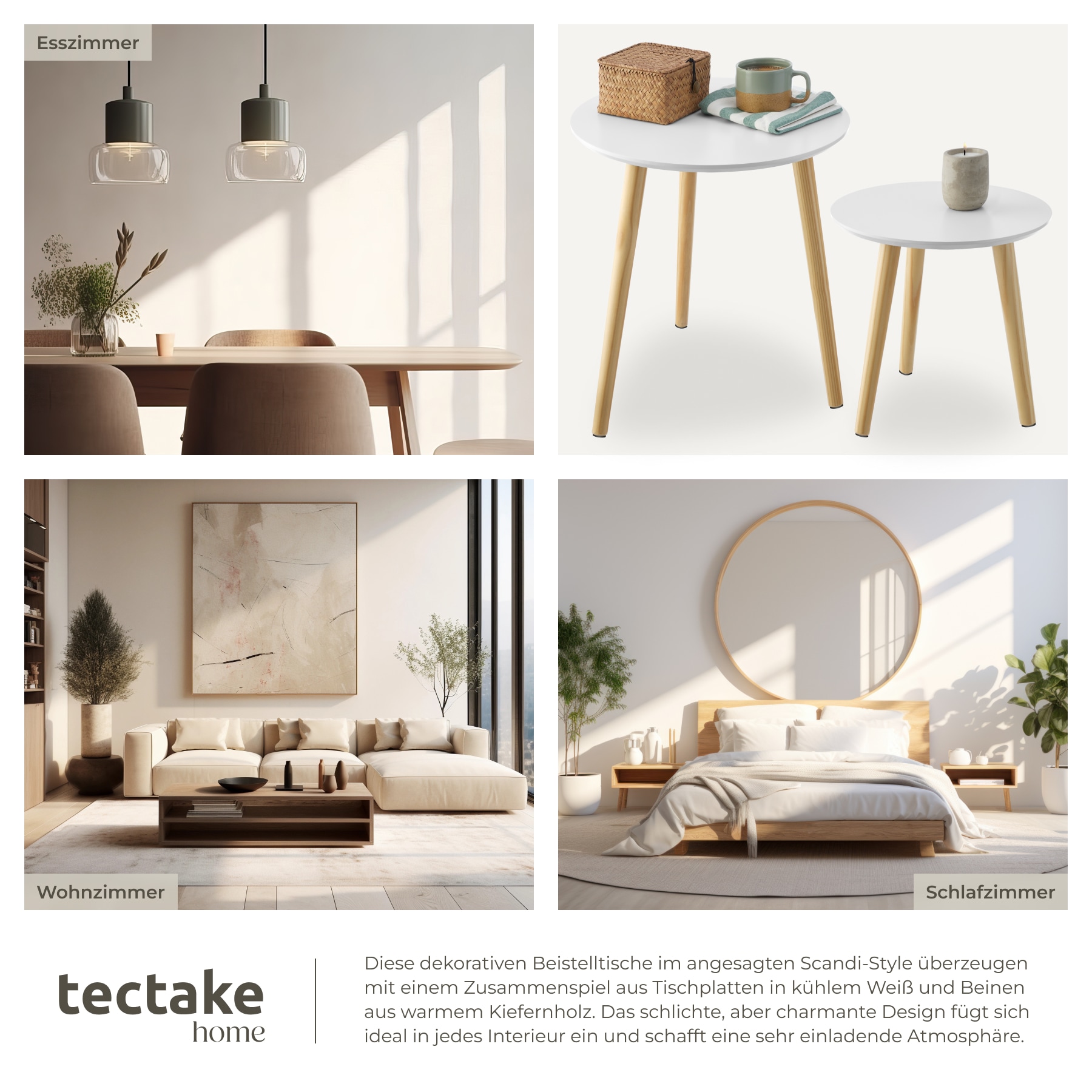 tectake® 2er Set Beistelltisch, Skandi-Style, massive Holzbeine, Belastbarkeit je 30 kg