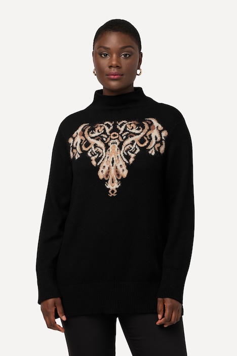 Pullover, goldenes Jacquard-Design, Stehkragen, Langarm