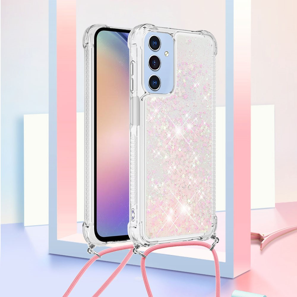 Samsung Galaxy A15 Necklace Gummi Hülle Liquid Glitzer   Handykette (130cm) - Rosa