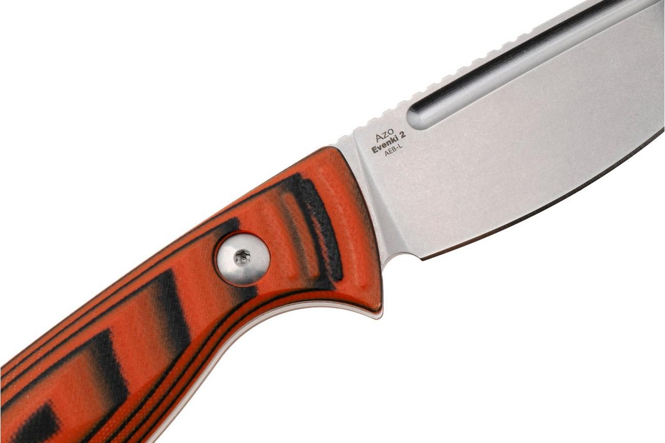 Kizer Vanguard Evenki 2, 1098A1 Stonewashed AEB-L, Orange Black G10, vaststaand mes, Azo design