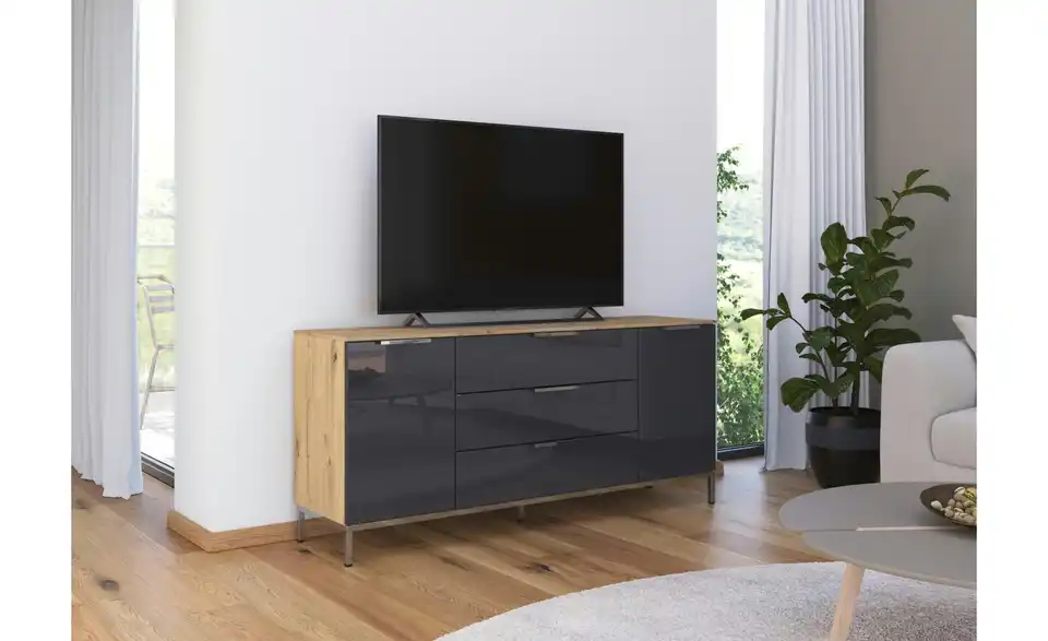 Sideboard Basaltgrau, Eiche Artisan (Nachbildung) Front: Glas, Oberboden: Dekor verchromt