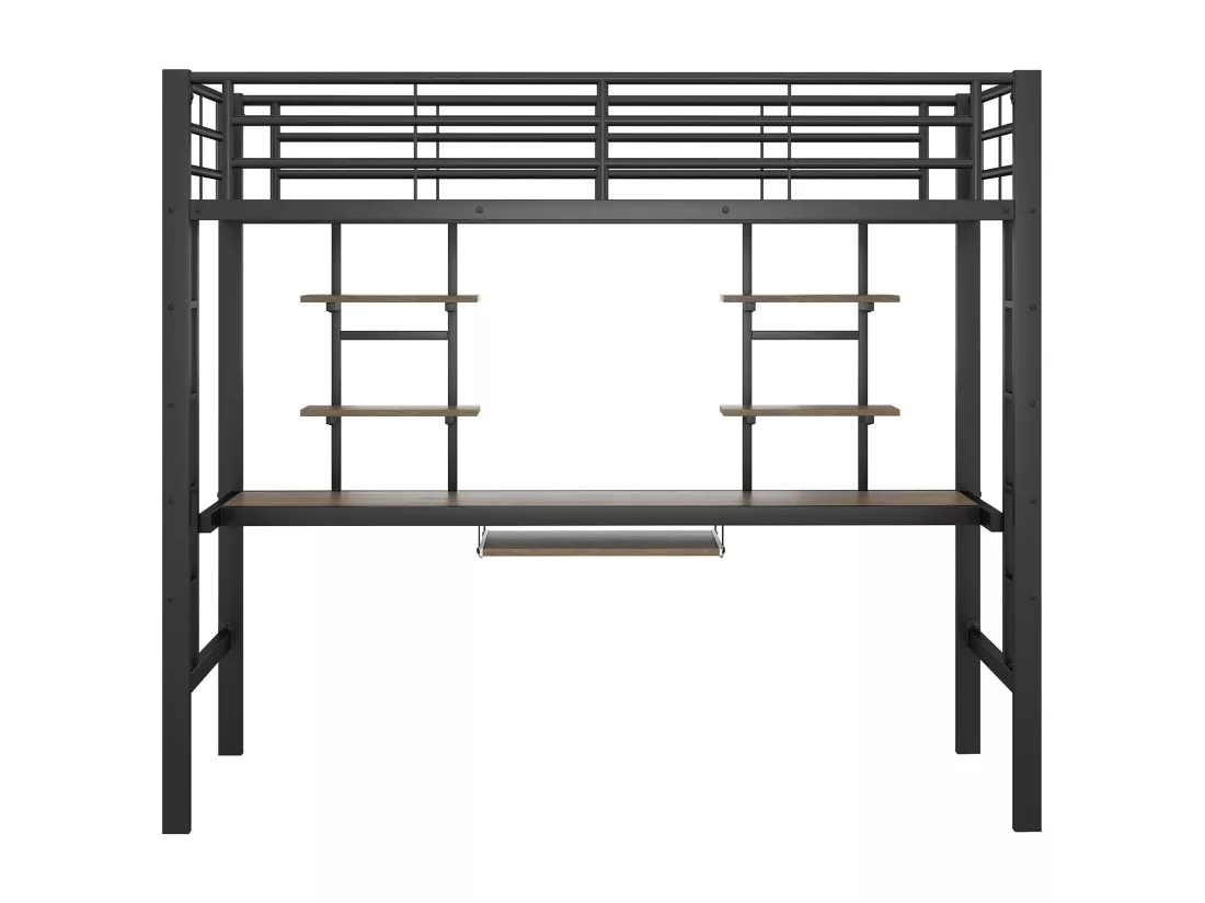 Lit mezzanine métallique noir avec bureau et deux étagères pour adolescents et adultes 90x200cm GUUQNOKS