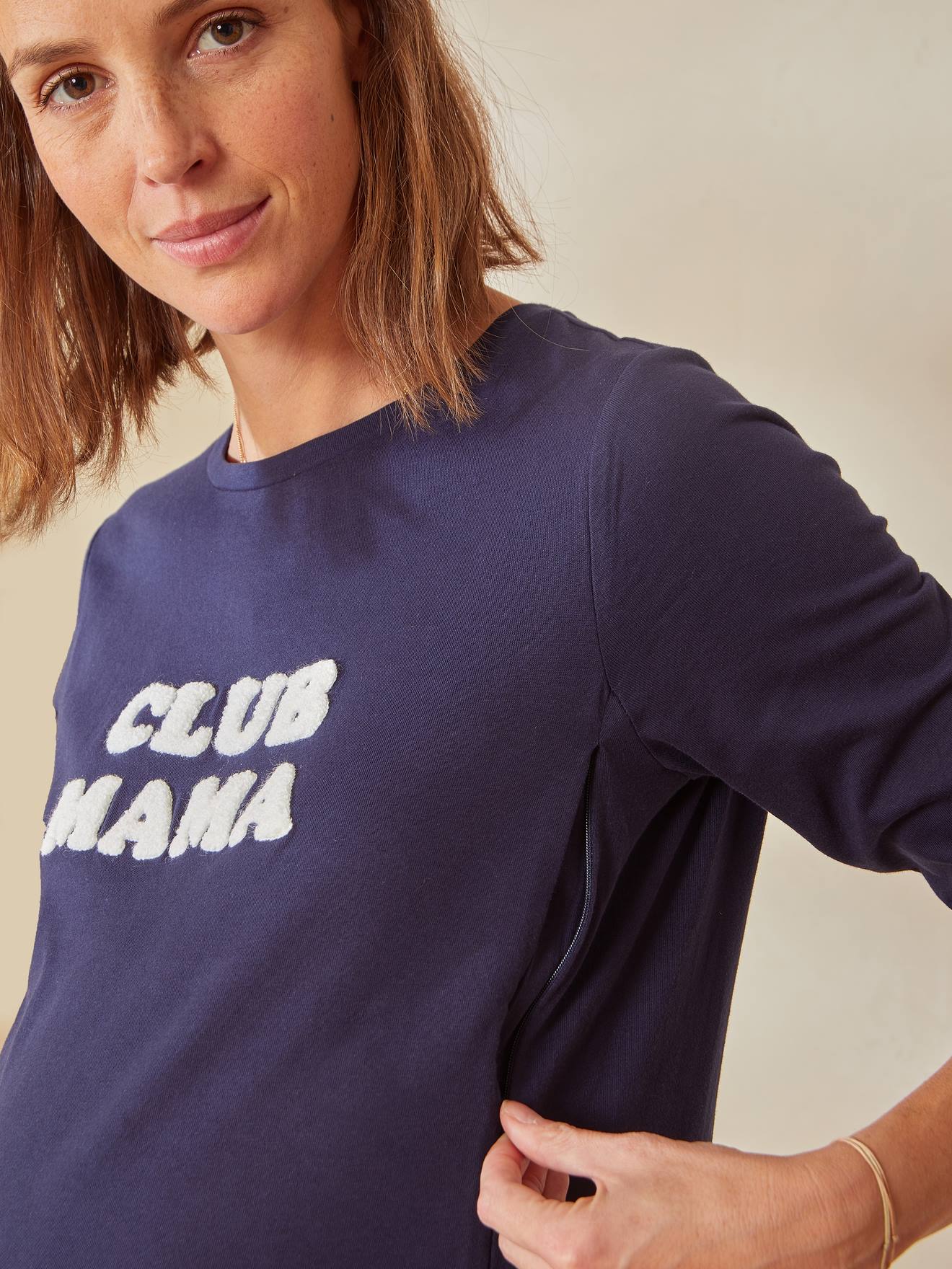 Camiseta lisa azul-escura de algodão orgânico para gestantes e lactantes com mensagem