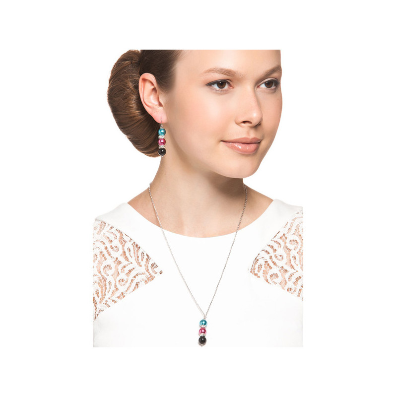 Parure Collier et Boucles d'oreilles Perles Multicolores, Cristal et Plaqué Rhodium