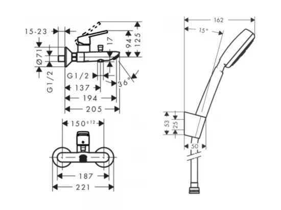 Pack mitigeur bain douche mécanique HANSGROHE Logis Loop + Pommeau de douche MyClub Ecosmart + Flexible 160 cm + Support