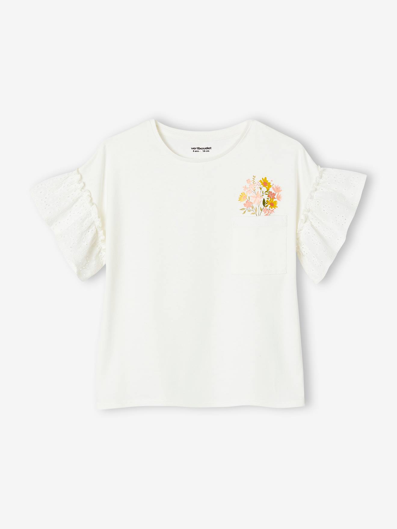 Camiseta off-white com mangas bufantes e bordado inglês para meninas