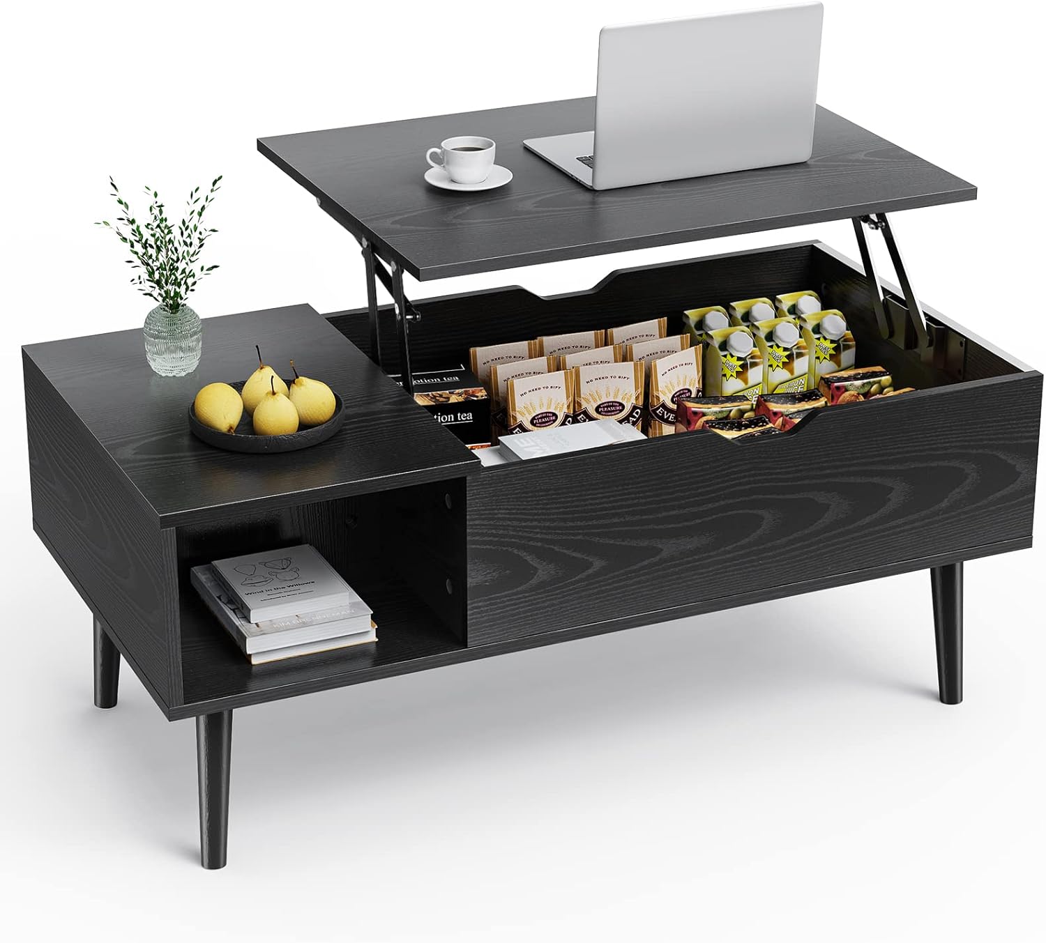 Sweetcrispy Couchtisch Höhenverstellbar, Tisch Wohnzimmertisch, offener und versteckter Stauraum Couchtisch, Sofatisch Beistelltisch, 100 x 50 cm Sofatisch aus Holz für Wohnzimmer, Schwarz