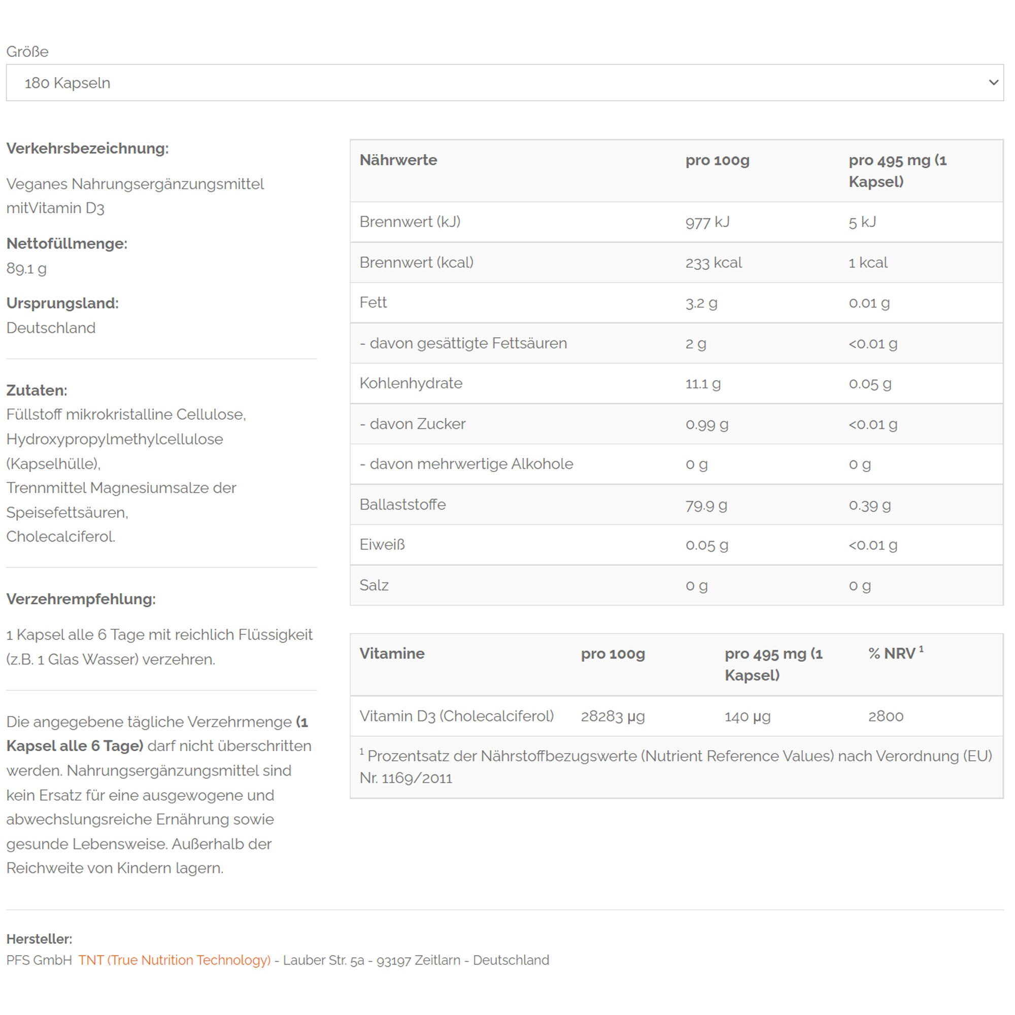 TNT Vitamin D3 Depotkapseln mit Vitamin D3 aus Flechten, 100% vegan